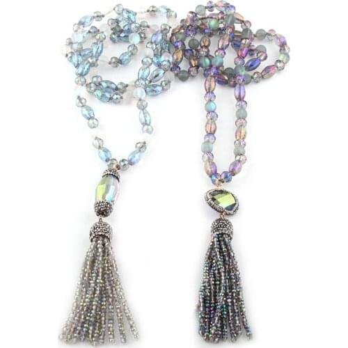Free Shipping Bohemian Tribal Jewelry Glass Crystal long Knotted Round Oval Crystal Link Crystal Tassel Necklace For Women