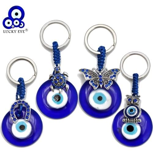 Lucky Eye Owl Tortoise Butterfly Glass Blue Turkish Evil Eye Keychain Alloy Silver Color Key Chain Holder for Women Men BE101