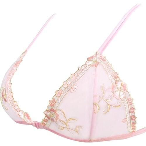 Womens Bra Thin Mesh Sexy Pink Lingeire Lace Bralette Triangle Front Closure Floral Unline Bras Embroidery 3 Colors Plus Size