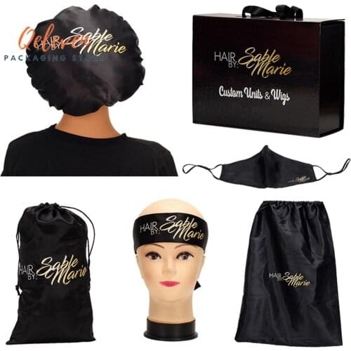 Custom Logo Black Virgin Hair Bundle Packaging Satin Bags/Edge Head Scarf/Hang Tag/Sticker Hair Bundle Wraps/Bonnets For Wigs
