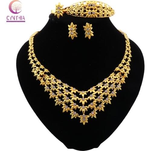 CYNTHIA Dubai Elegant Bridal Jewelry Sets Gold Crystal Necklace for Women African Wedding Bracelet Earrings Rings Jewelry Set
