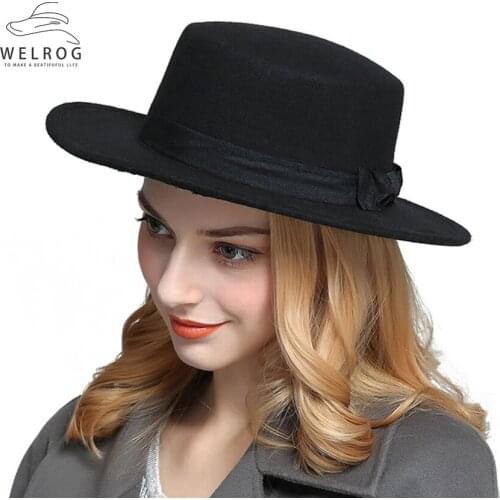WELROG Imitation Wool Fedoras Straight Flat Top Hat Retro Men Women Spring Felt Hat Gentleman Hat Fashion Trilby Chapeau Caps