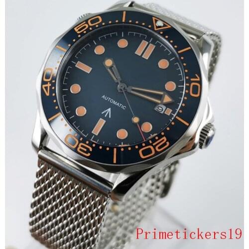 Hot 41mm bliger blue dial sapphire glass date indicator mental strap automatic men wristwatch luxury