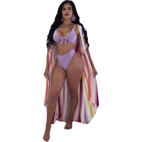 Adogirl 2020 Sexy Purple Striped Three Pieces Bikini Set Bikini Cover Up Dress Swimwear Women Swim suit Bathing Suit Beachwear