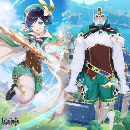 Genshin Impact Venti Cosplay Costume Anime Game Dress with Wig Hat Set Girls/Women Halloween Party Carnival Cos Clothing Outfit