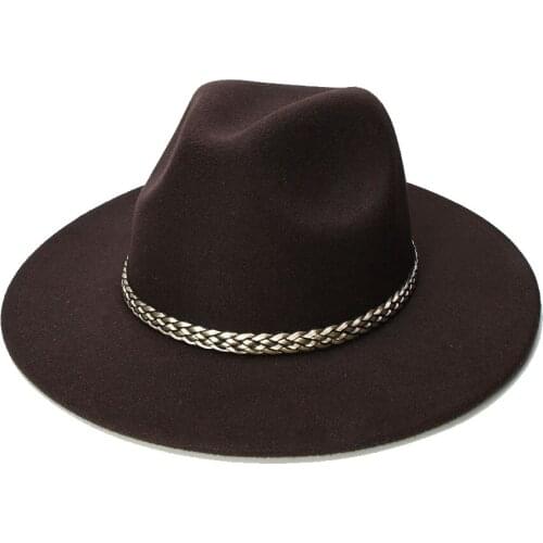 LUCKYLIANJI Retro Women Men Vintage 100% Wool Wide Brim Cap Fedora Panama Jazz Bowler Hat Champagne Knit Band (57cm/adjusted)