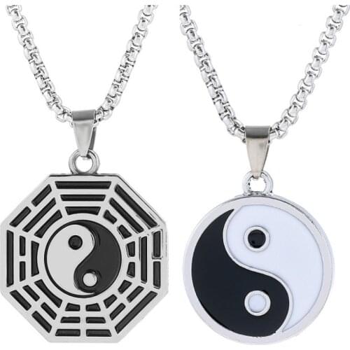 Fashion Yin Yang Tai Chi Pendant Necklace Eight Diagrams Black White Friendship Stainless Steel Long Chain Couples Lover Jewelry