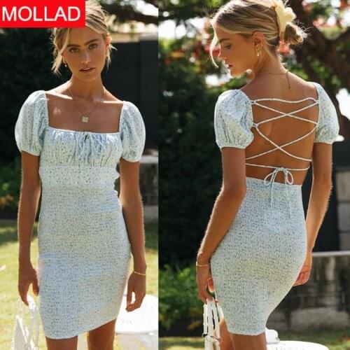 2021 New AliExpress European and American Hot Square Collar Printed Backless Lace-up Fashion Slim Dress