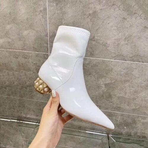 New Fashion Female Black White Ankle Boots For Woman Pear Crystal Low Heel Sock Boots Pointed Toe Bottes Femme Womens Shoes