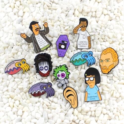 Movie characters Bob and Tina Artist Van Gogh ears Cartoon squid witch Purple coffin Horror doll Enamel brooch