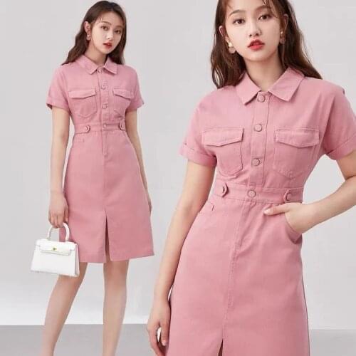 Pink Fashion Sweet Denim Dress Holiday Dress Women Short Sleeve Slim Polo-neck Office Workplace Women Temperament Tide Dress