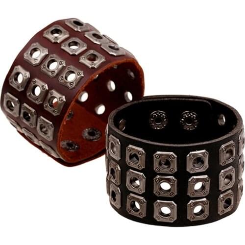 Casual Retro Brown Black Cowhide Woven Vintage Punk Rock Wide Wrap Charm Genuine Leather Men Bracelets for Women Femme Jewelry
