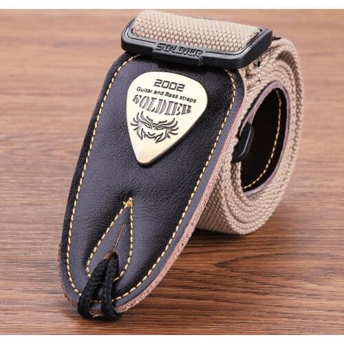 Soldier Acoustic Electric Bass Guitar Strap Black Leather Ends Belt Shoulder Personalized Metal LOGO Straps Guitar Accessories