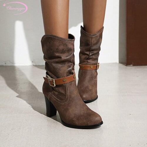 Street style round head mid calf boots pleated belt buckle rivets red black brown high heel motorcycle boots womens shoes