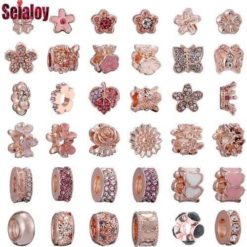 Seialoy 2pcs Rose Gold Beaded Flowers Charm Fit Bracelets & Bangles Shiny Rhinestone Leaves Butterfly Beads Jewelry Accessories