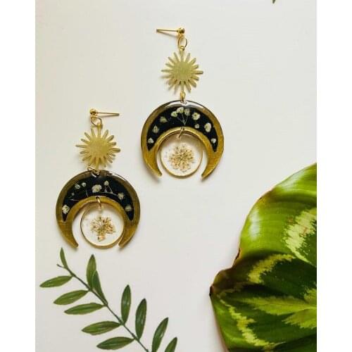 Sun and moon earrings, Sun earrings, Botanical earrings, Plant lover gift, Resin earrings, Crescent moon earrings