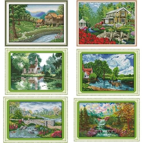 The lakeside houses Series Scenery Pattern Cross Stitch Kit 14CT 11CT Embroidery Set DIY Needlework Kit Home Decoration Painting