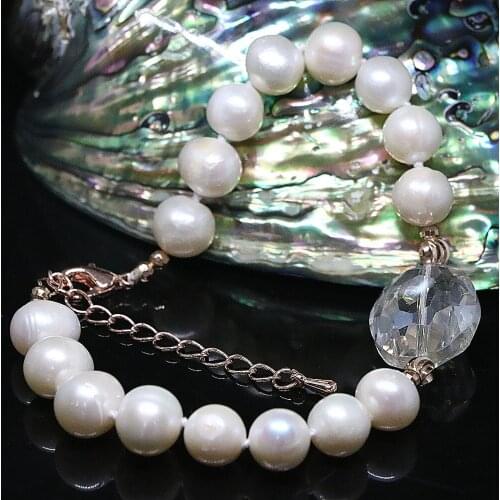 Vintage style white natural 9-10mm freshwater pearl round beads oval crystal unique diy bracelet jewelry B1407