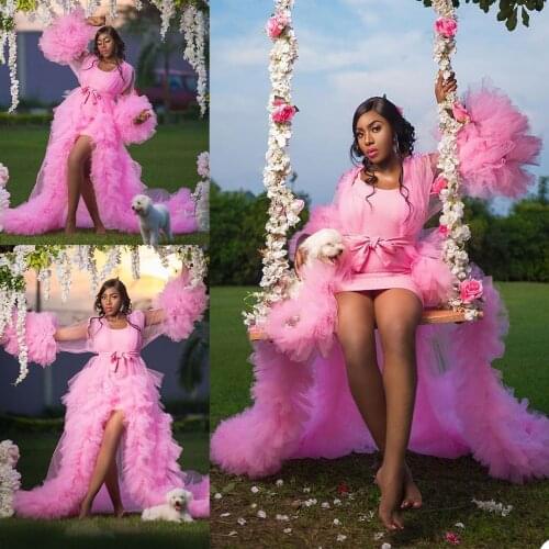 Bright Pink Maternity Dress for Photoshoot Tulle Bathrobe Sexy Sheer Full Sleeve Prom Dress vestido de fiesta abiye kaftan