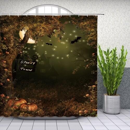 Halloween Shower Curtains Pumpkin Bat Wild Flowers Plants Trees Moon Stars Kids Holiday Themed Bathroom Decor Cloth Curtain Set