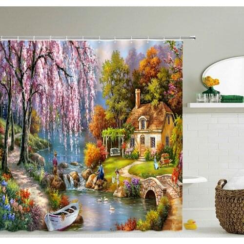 Bathroom Shower Curtain Forest Scenery Bath Curtains 3d Print Waterproof Polyester Cloth With Hooks Home Decoration Curtain