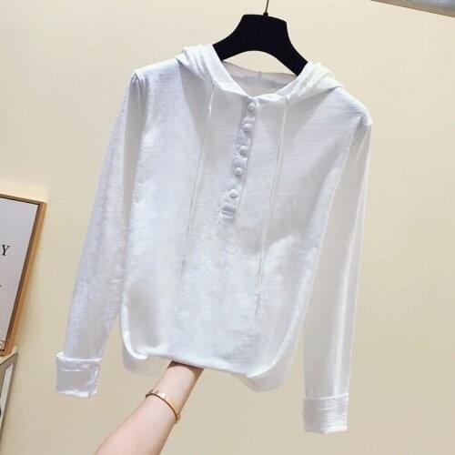 100% Cotton Women T-Shirts 2020 Summer New Hooded Solid Loose Slim Button Lady White Top Tees Outwear Coat Tops
