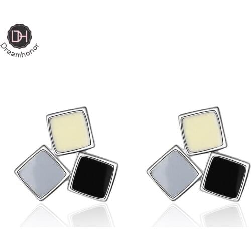 Dreamhonor Extremely Simple 925 Sterling Silver Three Color Square Mixed Color Stud Earrings Brincos For Women Gifts Jewelry