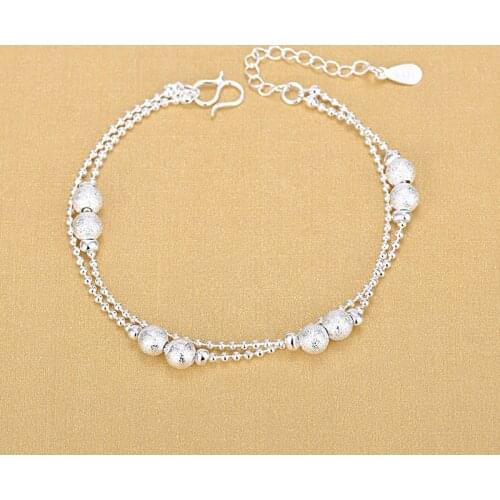 925 Sterling Silver Double Jewelry Lucky Eight Frosted Round Bead Bracelet Anklet Female Sweet And Cute