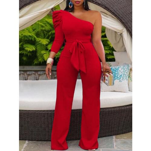 Fashion Women Jumpsuits Party Club One Shoulder Sashes Slim Fit Elegant Rompers Ladies Wide Pants One Piece Overalls 2021 Fall