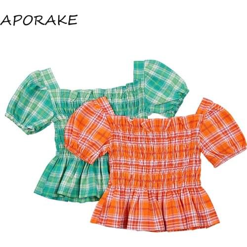 2021 3-8Y Kids Baby Girl Fashion Blouse Top Plaid Print Puff Short Sleeve Square Collar Pleated Crop Top Summer New