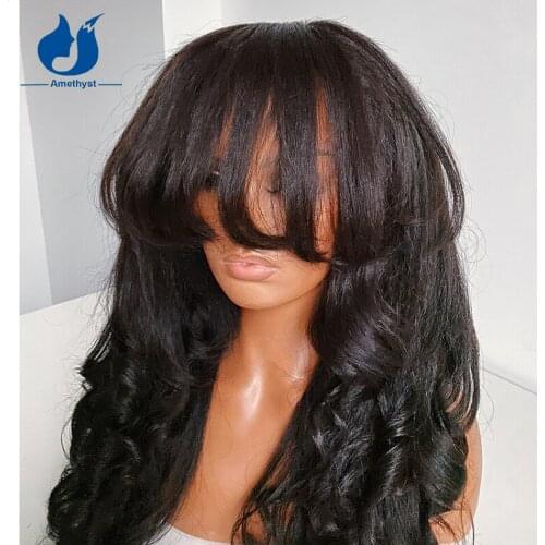 Amethyst 200Density Yaki Wavy Human Hair Wigs Brazilian Remy Hair Machine Made Scalp Top Wig With Bangs Glueless For Black Women