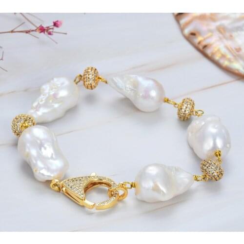 Natural Pearl Classic 8" Freshwater White Baroque Keshi Pearl Bracelet CZ pave Beads Connectors Women Fashion Jewelry