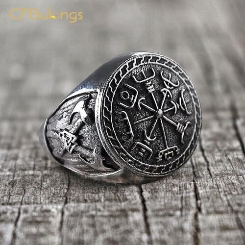CFBulongs Viking Stainless Steel Double Axe Totem Ring Retro Punk Biker Men Jewelry