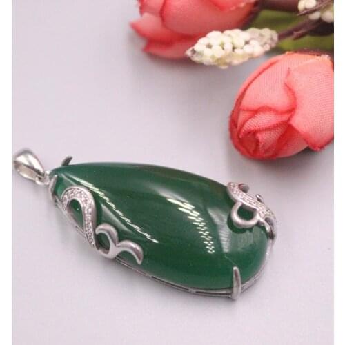 Pure 925 Sterling Silver Pendant 44x20mm Green Chalcedony Pattern Drop-Shaped Charms