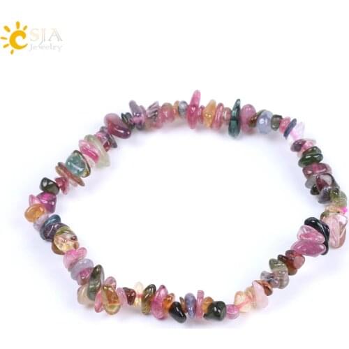 CSJA Natural Stone Colorful Tourmaline Bangle Handmade Crystal Chip Irregular Gravel Strand Bracelet for Women Girl Jewelry F154
