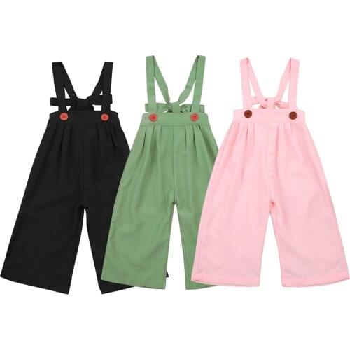 Kids Casual Suspender Trousers, Solid Color Wide-leg Long Pants for Boys and Girls, Black/ Pink/ Green