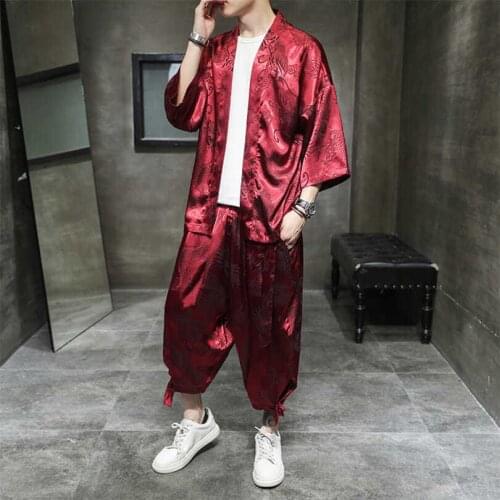 Chinese Style Daopao Mens Summer Ice Silk Seven Sleeve Cardigan Hanfu Chaopai Two Piece Retro Suit Tracksuit Men Set Leisure
