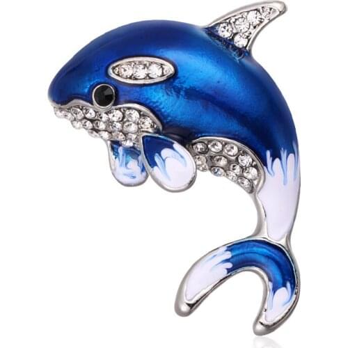 Crystal Rhinestone Dolphin Brooch Pins Blue Grey Enamel Fish Animal Brooches for Women Clothes Suit Shawl Accessories Jewelry