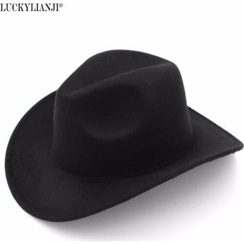 LUCKYLIANJI Wool Felt Fedora Cowgirl Cowboy Hat Solid Color Western Bull Jazz Sun Chapeau Caps For Men Women (Size:57cm Adjust)