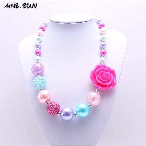 MHS.SUN Newest Design Hot Pink Flower Kid Chunky Necklace Bubblegum Bead Baby Girl Chunky Necklace Jewelry For Toddler Children