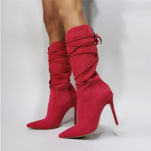 Latest Design Woman Fashion Dark Red Knee High Boots Lady Pointed Toe Lace Up High Heel Long Boots Plus Size 100% Real Photos