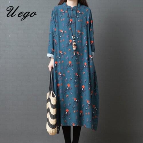 Uego 2021 New Arrival Print Floral Vintage Spring Dress Linen Cotton Loose Women Casual Dress Plus Size Female Autumn Midi Dress