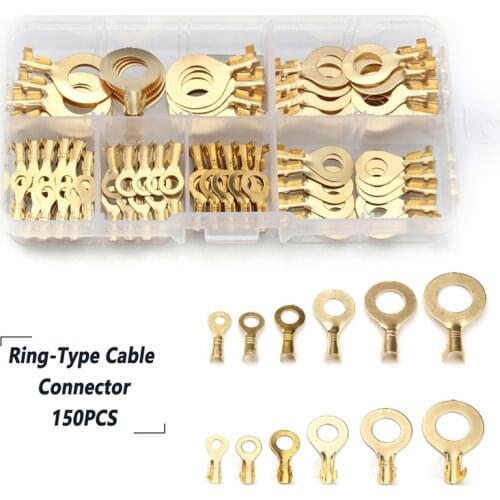 YT 3.2mm-10.2mm Brass Ring Cable Lugs Ring Eyes Gold Golden Non-insulated Wire Cable Connectors Terminals 150PCS Kit Assortment