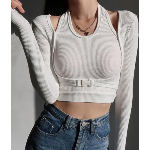 ZCSMLL Slim-fit U-neck Fake Two-piece Tops High-waist Strip Long-sleeved Bottoming T Shirt Female 2021 Spring Summer Top