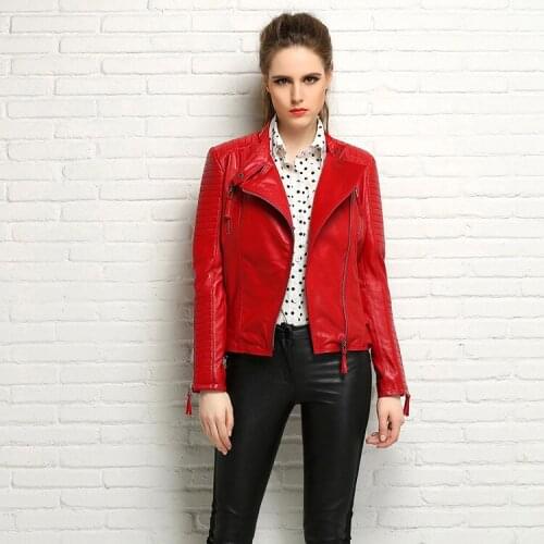 2019 Spring autumn womens genuine leather biker jackets Chic slim fit stand collar sheepskin leather jackets short coats D925