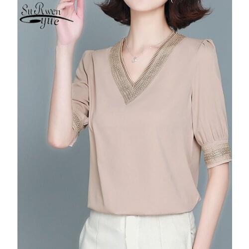Office Lady Solid V-neck Shirt Women Summer Embroidery Short Sleeve Casual Silk Satin Shirts Plus Size Loose Tops Clothes 13460