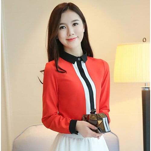 Women Spring Summer Style Chiffon Blouses Shirts Lady Casual Peter Pan Collar Long Sleeve Patchwork Blusas Tops ZZ0494