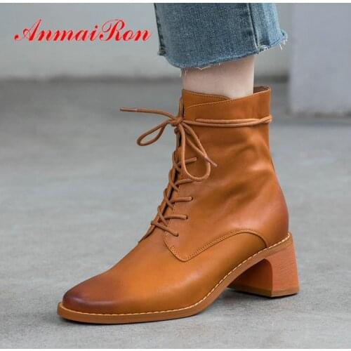 ANMAIRON 2020 Women Winter Shoes Lace-Up Genuine Leather Motorcycle Boots Square Heel Boots Round Toe Short Plush Ankle Boots