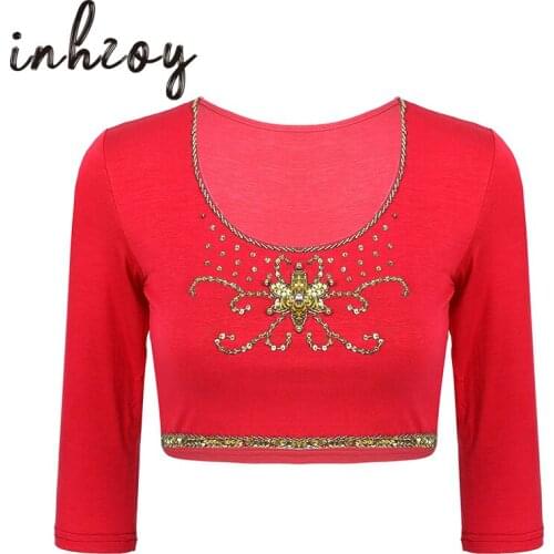 Women Dancewear Sequins Beads Crop Tops Vest Blouse Round Neck Three Quarter Sleeve Training Performance Belly Dance Costume