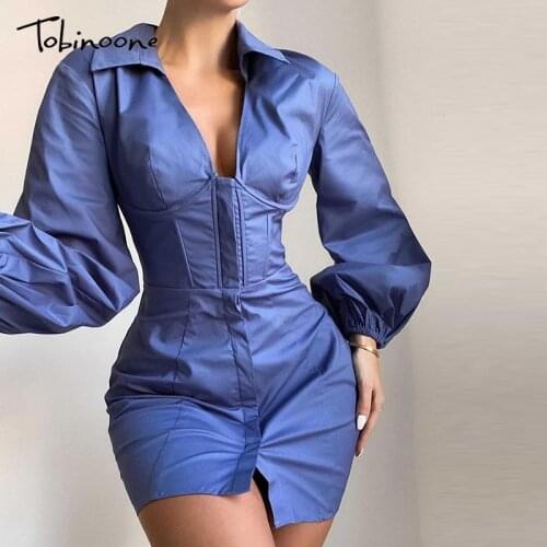 Tobinoone Puff Sleeve Sexy Short Shirt Dresses For Women Turn-down Collar Spring Autumn Bodycon Female Elegant Dress Vestido